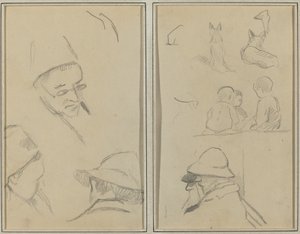 Três estudos de cabeças de homens, um com óculos; Cães, crianças e dois homens barbudos em perfil [verso] de Paul Gauguin