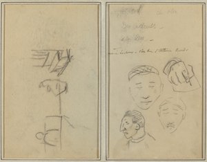 Duas Figuras e um Banco; Três estudos de cabeças masculinas e uma mão [reto] de Paul Gauguin
