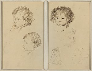 Dois estudos da cabeça de uma criança; Dois estudos sobre a cabeça de uma criança, uma mulher de perfil e um homem lutando contra um animal [reto] de Paul Gauguin