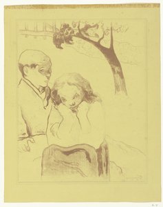 Triste mulher sentada com um homem Sofrimento humano Miseres humaines de Paul Gauguin