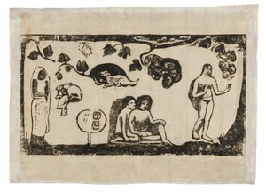 Mulheres, animais e folhagem, do conjunto de gravuras tardias em bloco de madeira de Paul Gauguin
