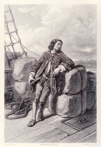 Capitão Lemuel Gulliver no mar em seu navio mercante, da edição francesa de Gullivers Travels por Jonathan Swift de Paul Gavarni