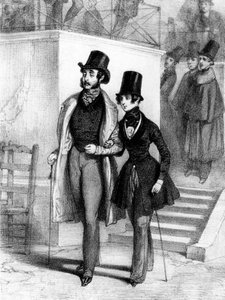 George Sand (r) vestido de estudante, e o seu amante Jules Sandeau em Paris, c. 1831, gravura de Paul Gavarni (1804-1866)
