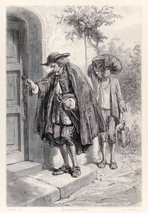 Gulliver chega em casa às três da tarde e entra na casa, da edição francesa de Gullivers Travels por Jonathan Swift de Paul Gavarni
