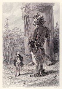 Gulliver conhece o anão Rainha de 30 pés de altura que tem o prazer de ter alguém no tribunal menor do que ele para atormentar, da edição francesa de Gullivers Travels por Jonathan Swift. de Paul Gavarni