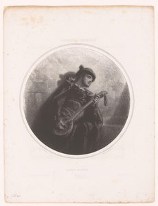 Homem com banjo canta e toca serenata Serenade Espagnole (título no objeto) Ilustrações para as músicas de Jeanne Gavarni (título da série) Ilustrações des Mélodies de Madame Jeanne Gavarni (título da série) de Paul Gavarni