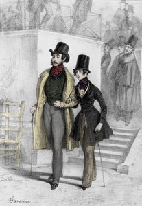 Retrato do escritor George Sand (1804-1876) Aurore Dupin, Baronne Dudevant, estudante em Paris, vestido com o menino Desenho de Paul Gavarni (1804-1866)