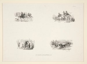 Quatro assuntos: Uma cavalgada; Quatro crianças; Uma mulher camponesa carregando uma criança pequena; Viajantes de Paul Gavarni