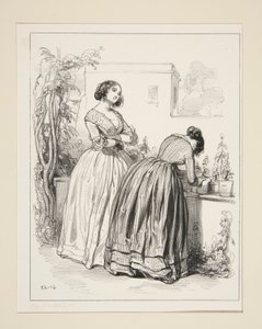 Vestido organdy, lenço liso, punhos e falbalas, de Paul Gavarni
