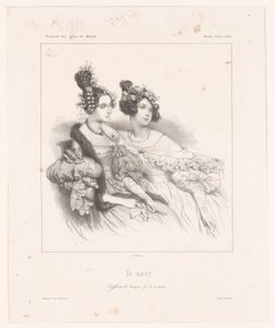 Dois penteados femininos para combinar com vestidos de noite Le soir (título no objeto) de Paul Gavarni