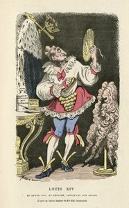 Ilustração de Hadol (1835-1875) no Histoire de France tintamarresque, ca. 1880 - Maquilhagem, Regime Antigo, Solo, Peruca - Luís XIV