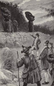 Examinando as estátuas da Ilha de Páscoa (litho) de Paul Hardy