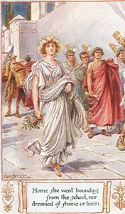 Ir para casa, saltando da escola nem sonhando com vergonha ou dano, ilustração de &39;The Lays of Ancient Rome&39;, de Thomas Babington Macaulay de Paul Hardy