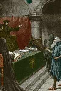 Inquisição e Expulsão dos Judeus de Espanha: um judeu espanhol perante o Grande Inquisidor por volta de 1492 na altura da publicação do Decreto da Alhambra - Ilustração de Paul Hardy 1891 Judeu espanhol perante o Grande Inquisidor