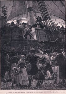 Cena da partida de Leith da expedição de Darien AD 1698 (litho) de Paul Hardy