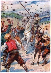 Eles pelotaram Dom Quixote com uma chuva de pedras, ilustração de "As Aventuras de Dom Quixote", publicado por G. Bell & Sons, Ltd. de Paul Hardy