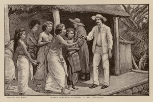 Mulheres oferecendo flores a Robert Louis Stevenson (gravura) de Paul Hardy