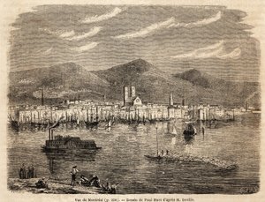Vista de Montreal, desenho de Paul Huet (1803-1869), para ilustrar as viagens à América do Norte em 1854-1855, de L. Deville. Gravura em "Le tour du monde", 1861. A coleção de Selva. de Paul Huet