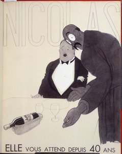 Ela espera por si há 40 anos O empregado de um restaurante dirige-se a um cliente desenhando uma garrafa de vinho. - anúncio para Nicolas, desenho de Paul Iribe (1883-1935) de Paul Iribe