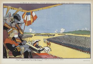 Visita do rei Alfonso XIII da Espanha a Paris: desfile militar em Vincennes. Ilustração para Le Rire
