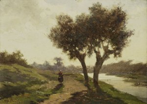 Um Moinho De Vento Em Uma Via Navegável Polder, Conhecido Como No Mês De  Julho, Por Paul Gabriel, C. 1889, Pintura Holandesa, Óleo Sobre Tela.  Gabriel Pintou Esta Paisagem De Verão Com