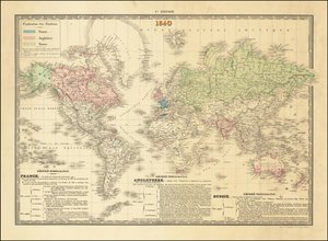 Mapa-múndi francês de 1840 que representa os territórios dos impérios britânico, francês e russo de Paul Kaeppelin