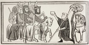 Um mensageiro chega com uma mensagem para um rei que está à frente do seu exército. Segundo uma ilustração de uma missiva do século XIII. de Paul Lacroix