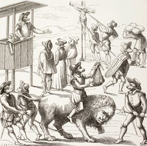 Quadro alegórico dos excessos que se diz terem sido cometidos pelos huguenotes. O leão manso representa uma França reduzida pelos hereges e suas práticas. de Paul Lacroix