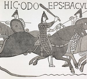 O bispo Edues segurando o seu bastão e encorajando os soldados do duque da Normandia na batalha de Hastings. Segundo um pormenor da Tapeçaria de Bayeux.
