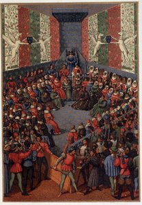 Carlos VII presidindo o julgamento de João, Duque de Alencon (aliado aos ingleses) em Vendome em 1458 - após a miniatura de Fouquet, em "Military and religious life in the Middle Ages and the Renaissance era" por Paul Lacroix, Paris
