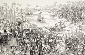 Desembarque de cruzados em Damietta, Egito, em 1249, durante a Sétima Cruzada. de Paul Lacroix