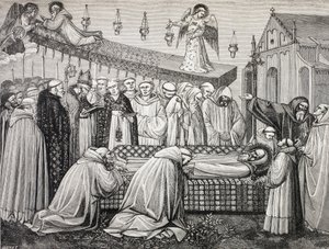 Morte de São Bento de Núrsia ou São Benedito de Núrsia, 480-547, na Abadia de Monte Cassino. de Paul Lacroix