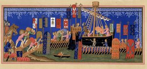 Embarque dos Cavaleiros do Espírito Santo para a Cruzada - baseado em miniatura do século XIV, em "Military and religious life in the Middle Ages and in the Renaissance era" por Paul Lacroix, Paris