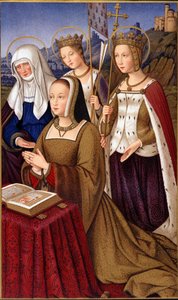 Retrato de Ana da Bretanha (1477-1514), rainha da França, em oração com sua santa padroeira Santa Ana, Santa Helena e Santa Ursule - em "Vida militar e religiosa na Idade Média e no período renascentista" por Paul Lacroix, Paris