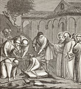 São Bento e o Diabo. Quando Bento estava a construir uma capela, o Diabo sentou-se numa pedra e ninguém o conseguia mover até que São Bento abençoou a pedra. Então o Diabo levantou voo. de Paul Lacroix
