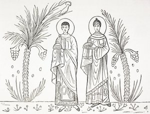 Santa Cecília e seu marido Valeriano. Segundo um mosaico do século III ou IV conservado na igreja de Santa Cecília, em Roma. de Paul Lacroix