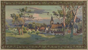 Esboço para a Câmara Municipal de Thiais: aldeia com uma igreja, cerca de 1902 (óleo sobre tela) de Paul Léon Felix (attr. to) Schmitt
