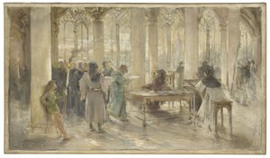 Esboço da sala de audiências do Tribunal de Comércio de Paris: Le livre des métiers, cerca de 1891 (lápis, óleo sobre tela)