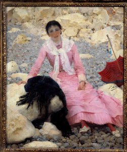 Retrato de Fernande Mathey (1857-1941) na praia Pintura de Paul Mathey (1844-1929) Sol do século XIX. 0,55x0,46 m Paris, musee d