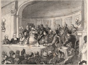 O Congresso Anti-Escravidão realizado em Paris nos dias 21, 22 e 23 de Setembro de 1890 na Sociedade de Geografia na presença de Jules Simon, Emile Keller e Monseigneur Lavigerie. Gravura depois do desenho de Paul Merwart em "O Mundo Ilustrado" de 1890.