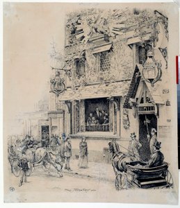 Vista da entrada para o Cabaret du Chat Noir. Desenho de tinta de Paul Merwart (1855-1902) Paris do século XIX, Musee Carnavalet