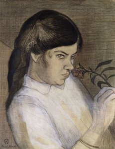 Retrato de Barbara Nash, a Irmã do Artista, c.1911-12 (lápis, giz de cera preto e colorido, aquarela e bodycolour ele) de Paul Nash