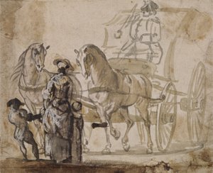 Uma carruagem e par, com cocheiro (lavagem cinza e marrom realçada com branco no papel) de Paul Sandby