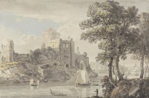 Um castelo no rio (lápis e aquarela sobre papel) de Paul Sandby