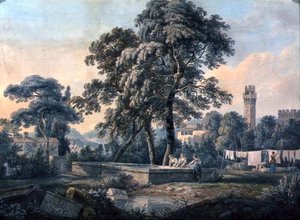 Uma paisagem italiana com mulheres por uma piscina de lavagem de Paul Sandby