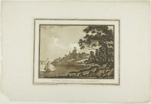 Benton Castle Olhando para baixo do alcance para Milford Haven, de Twelve Views em Aquatinta de desenhos tirados no local em South Wales de Paul Sandby