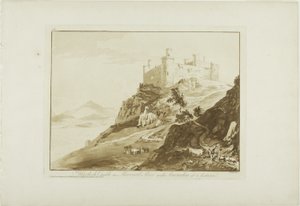 Castelo Harlech em Merioneth Shire com Snowdon à distância de Paul Sandby