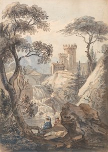 Paisagem italiana com Castelo, Cascata e Pescadores de Paul Sandby