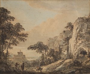 Paisagem com cavaleiro (caneta, tinta, pincel e wc no papel) de Paul Sandby