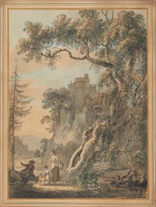 Paisagem Romântica - Camponeses ao pé de um Castelo em Crag de Paul Sandby